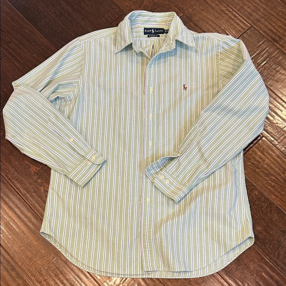 Ralph Lauren Men's Shirt in Light Green and Blue Stripes